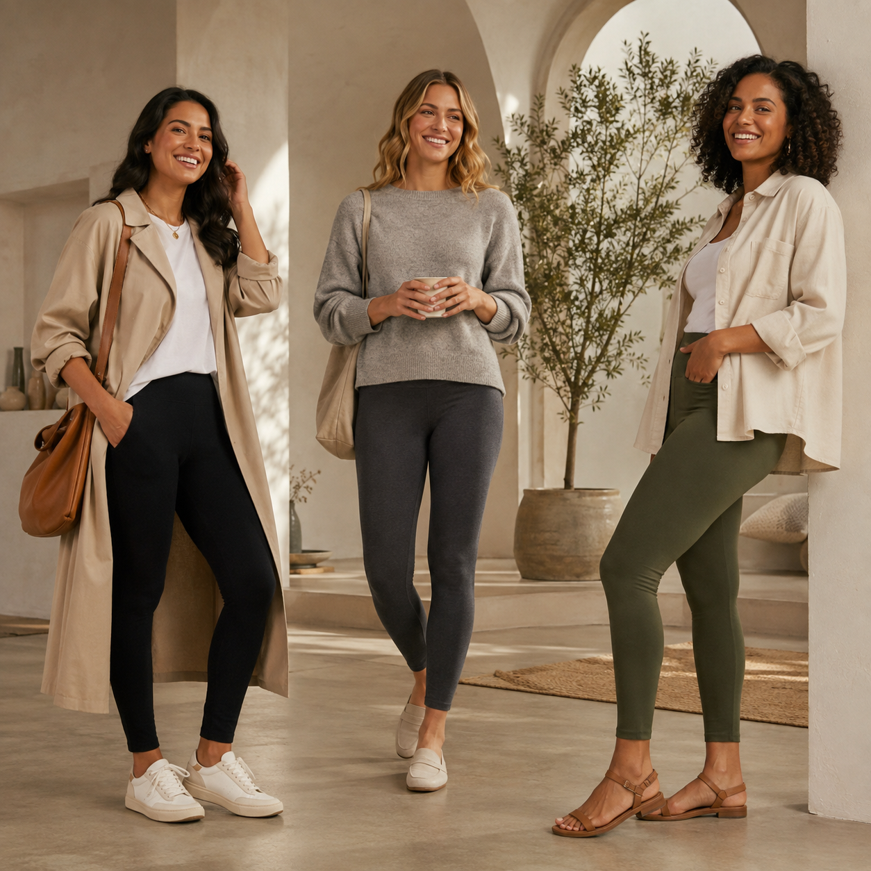 Women styling leggings in polished everyday outfits