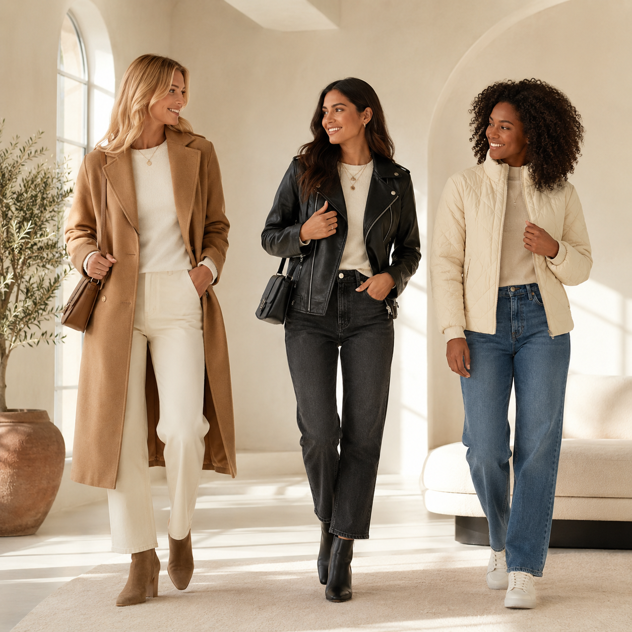 Women styling coats and jackets in a bright modern boutique