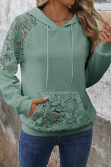 Smoke Green Lace Patchwork Raglan Sleeve Kangaroo Pocket Waffle Hoodie