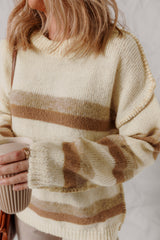 Khaki Stripe Exposed Seam Drop Shoulder Knit Baggy Sweater