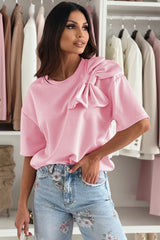 Pink Bow Applique Solid Color Sweet T-shirt