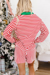 Red Stripe Colorblock Trim Polo Collar Drawstring Elastic Waist Band Casual 2pcs Outfit