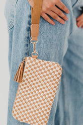 Chestnut Checkered Woven Clutch Wristlet PU Leather Large Size Patterned Wallet