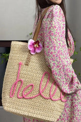 Khaki Hello Boho Handwoven Floral Accent Travel Tote Bag