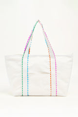 White Colorful Ricrac Detail Canvas Tote Bag