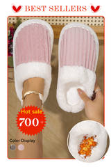 Dark Grey Ribbed Plush Color Block Winter Slippers