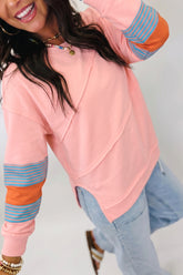 Pink Colorblock Striped Patchwork Raw Detail Long Sleeve Top