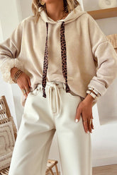 Parchment Thermal Textured Leopard Drawstring Baggy Hoodie