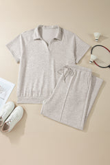 Light Grey Plus Size V Neck Polo Tee Drawstring Loose Pants 2pcs Set