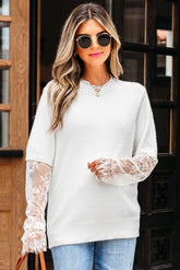 Beige Lace Sleeve Patchwork Faux Two-piece Fuzzy Sweater