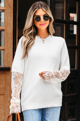 Beige Lace Sleeve Patchwork Faux Two-piece Fuzzy Sweater