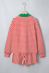 Red Stripe Colorblock Trim Polo Collar Drawstring Elastic Waist Band Casual 2pcs Outfit