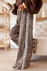 Beige Leopard Print Side Striped Detail Casual Wide Leg Pants