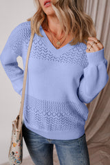 Sky Blue Eyelet Pattern Detail V Neck Drop Shoulder Sweater