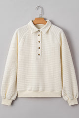 Beige Balloon Sleeve Casual Collared Button Sweatshirt