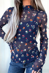 Blue Polka Dot Floral Mesh Long Sleeve High Neck Pullover Sheath Top
