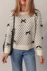 Beige Bow Decor Color Contrast Ribbed Edge Crew Neck Sweater