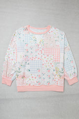 Pink Patchwork Floral Print Long Sleeve Tunic Plus Size Blouse