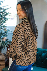 Brown Leopard Print Striped Trim Collar Long Sleeve Shift Pullover