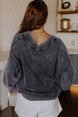 Black Mineral Wash V Neck Knit Exposed Seam Drop Shoulder Loose Sweater