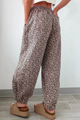 Khaki Leopard Print Elastic Waist Ankle Length Pants