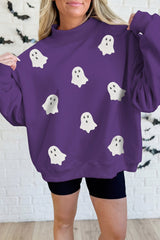 Tillandsia Purple Halloween Sequined Ghost Print Mock Neck Graphic Sweatshirt