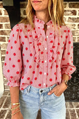 Black white Polka Dot Striped Print Ruffle Stand Neck 3/4 Sleeve Shift Shirt