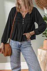 Black Smocked Bust Buttoned Split V Neck Flowy Blouse