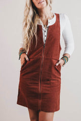 Clay Ribbed Corduroy Zip-Up Sleeveless Pocket Sheath Dress