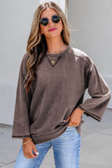 Dark Brown 3/4 Sleeve Mineral Wash Loose Cotton Top