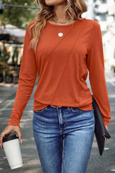 Red Clay Asymmetric Seam Detail Solid Color Long Sleeve Top