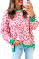 Pink Leopard Polka Dot Colorblock Trim Long Sleeve Top