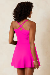 Rose Red Contrast Trim Neckline Active Shorts Attached One Piece Swim Dress