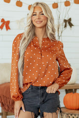 Brown Polka Dot Half Button V Neck Long Sleeve Blouse