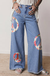 Myosotis Floral Peace Sign Embroidered Patch Wide Leg Jeans