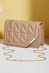 Khaki PU Leather Quilted Texture Asymmetric Cover Chain Strap Square Shoulder Bag