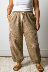 Khaki Plus Size Leopard Print Western Star Patched Jogger Pants