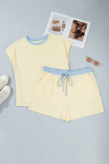 Yellow Cream Plus Size Ribbed Color Block Trim Drawstring Shorts 2pcs Set