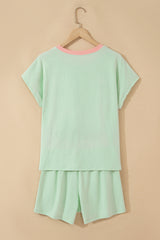 Clearly Aqua Soft Ribbed Color Block Trim Casual Short Set