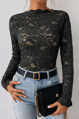 Black Elegant Stand Neck Lace Long Sleeve Top