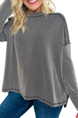 Black Twisted Rib Exposed Seam Detail Long Sleeve Loose Top