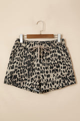 Brown Retro Leopard Print Lace-up Elastic Waistband Mid Rise Denim Shorts
