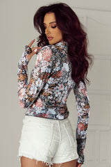 Brown Floral Long Sleeve High Neck Sheath Mesh Blouse