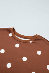 Brown Polka Dot Raw Hem Relaxed Pullover Loose Skort Two Piece Set