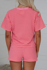 Rose Stripe Side Split Knit Tee Drawstring Shorts Set