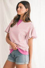 Sachet Pink Striped Ruffle Sleeve Round Neck Top