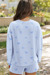 Sky Blue Valentines Bow Print Twisted Rib Loose Long Sleeve Top 2pcs Short Set