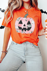 Orange Patchwork Pumpkin Graphic Short Sleeve Round Neck Tee