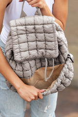 Medium Grey Solid Flapped Quilted Puffer Backpack