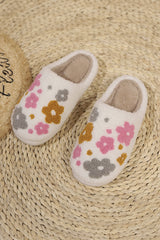 White Fuzzy Flower Pattern Winter House Slippers